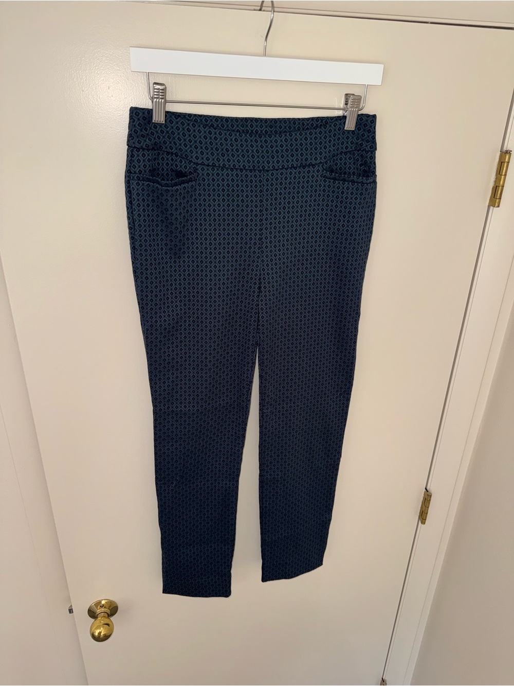 Chico's Navy and Teal Diamond-Print Slim Pants